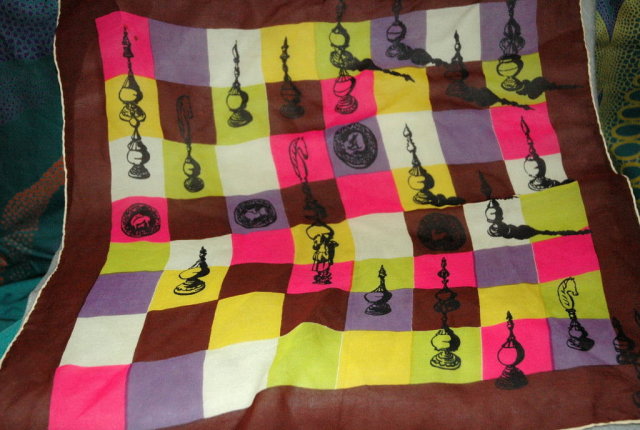 Chess Theme Shear Silk Scarf with hand rolled hem