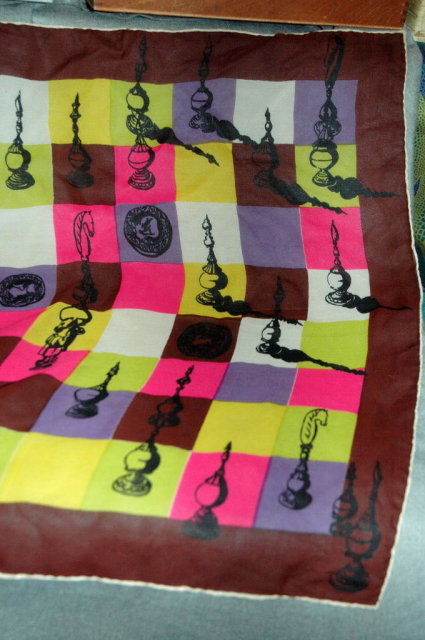 Chess Theme Shear Silk Scarf with hand rolled hem