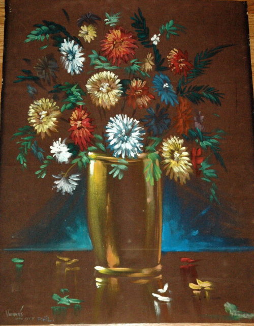 Flowers Painting Oil on Velvet Paper Veillers PRICE REDUCTION!**