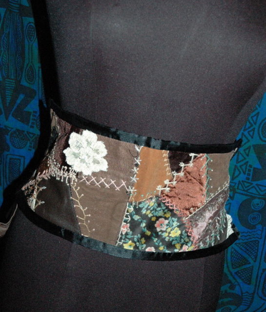 Crazy Quilt Pattern Tie belt or sash Leather Lace and Velvet