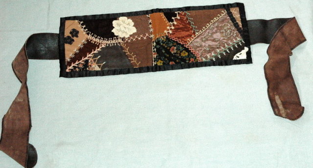 Crazy Quilt Pattern Tie belt or sash Leather Lace and Velvet