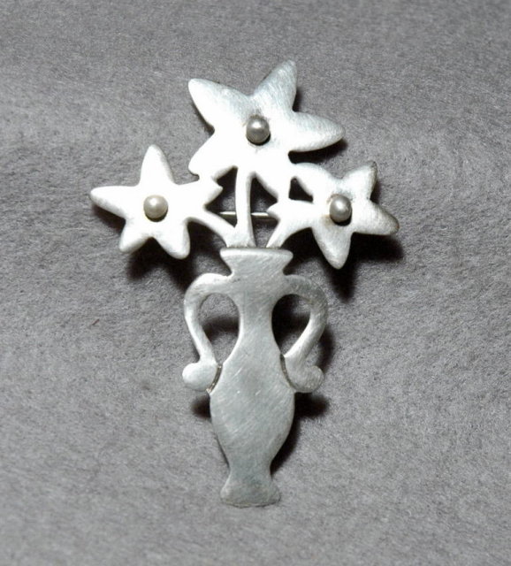Mexican Sterling Flower Vase Pin , A.H.D.