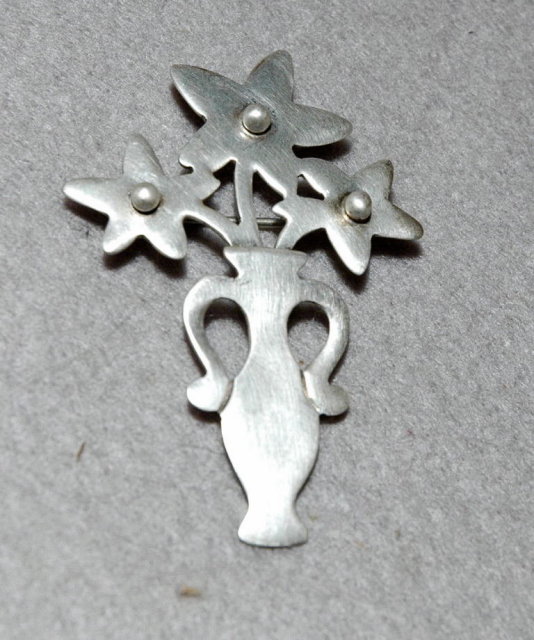 Mexican Sterling Flower Vase Pin , A.H.D.