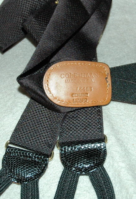 Cole Haan Woven Black Silk Suspenders, Braces with Genuine Lizard Skin & Brass
