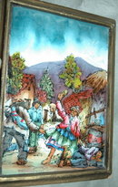 Reverse Painted Glass Peruvian Andes Village