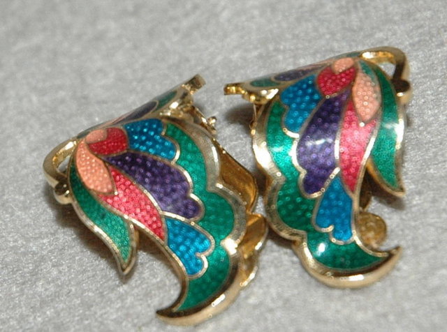 Pair of enamel metal clip on Wing earrings