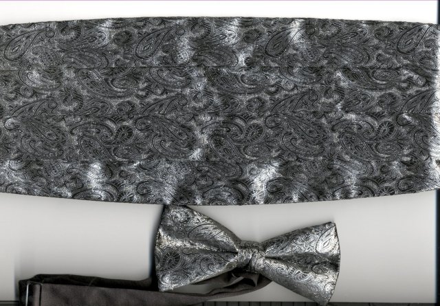 Metallic Silver & Black Paisley Brocade Cumberbun & Bow Tie