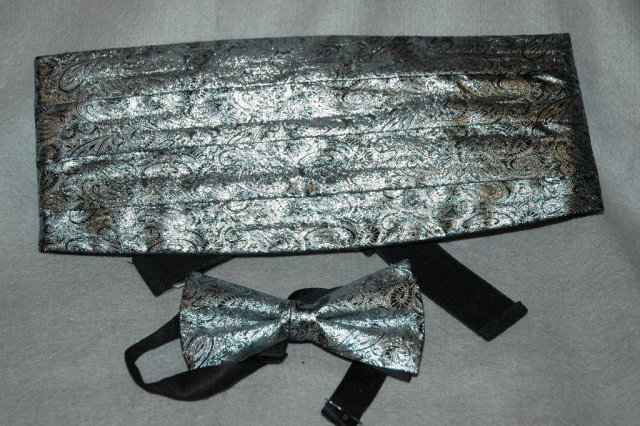 Metallic Silver & Black Paisley Brocade Cumberbun & Bow Tie