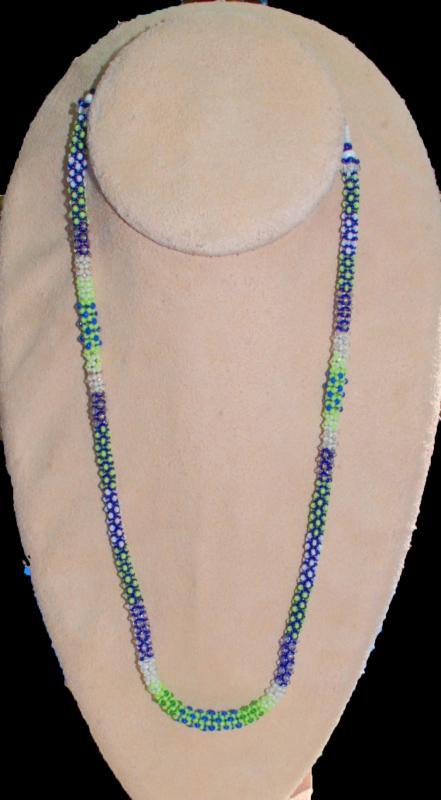 Seattle Seahawks Colors Tiny Seed Bead Rope Necklace Chenille Stitch Bead Weaving , Hand Crafted One of a Kind Design