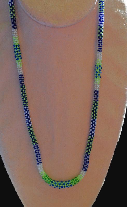 Seattle Seahawks Colors Tiny Seed Bead Rope Necklace Chenille Stitch Bead Weaving , Hand Crafted One of a Kind Design