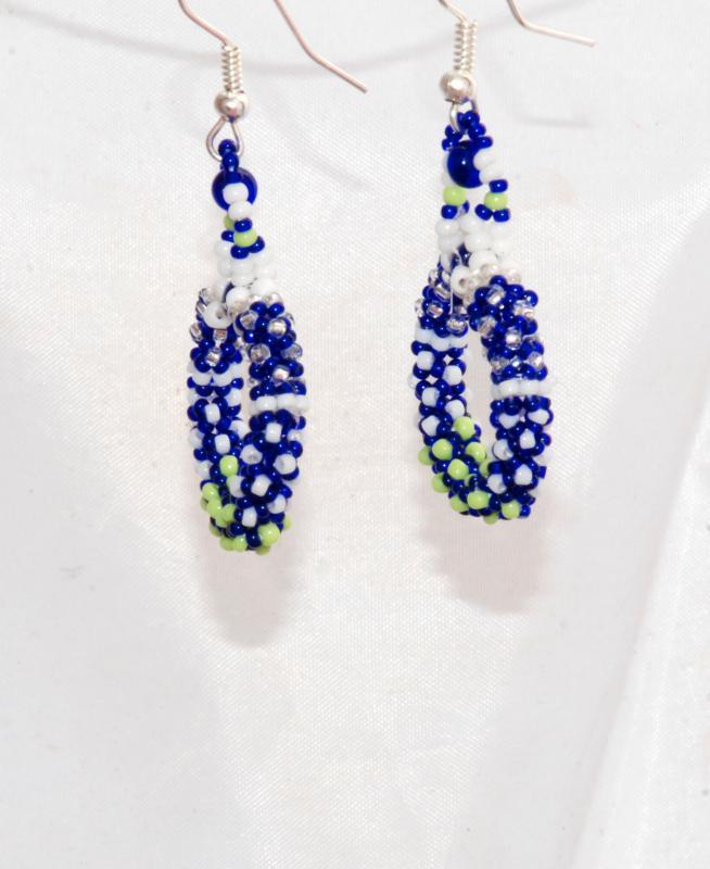 Seattle Seahawks Colors Tiny Seed Bead Rope Circle Hoop Earring Chenille Stitch Bead Weaving , Hand Crafted One of a Kind Design