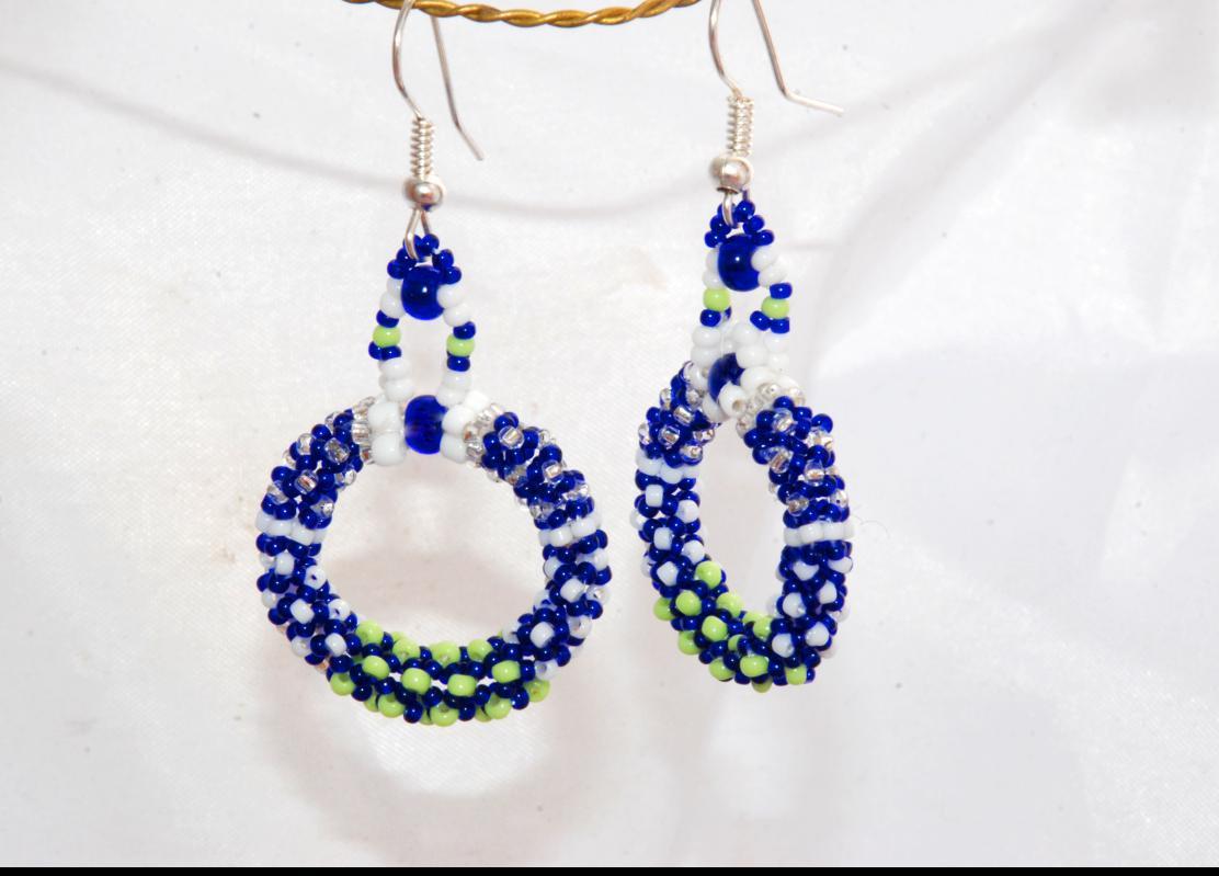 Seattle Seahawks Colors Tiny Seed Bead Rope Circle Hoop Earring Chenille Stitch Bead Weaving , Hand Crafted One of a Kind Design