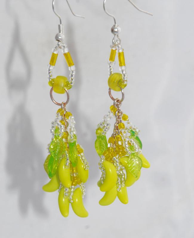 Yellow Chartreuse Color Czech Glass Banana Bunch Beaded Dangles Earrings Hand Crafted one of a kind with Green Leaves