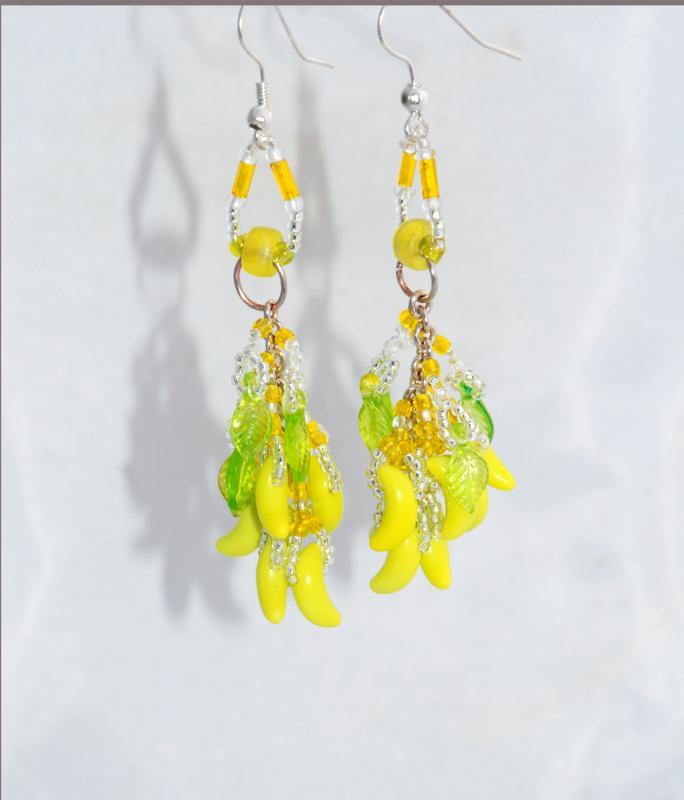 Yellow Chartreuse Color Czech Glass Banana Bunch Beaded Dangles Earrings Hand Crafted one of a kind with Green Leaves