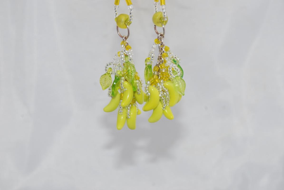 Yellow Chartreuse Color Czech Glass Banana Bunch Beaded Dangles Earrings Hand Crafted one of a kind with Green Leaves