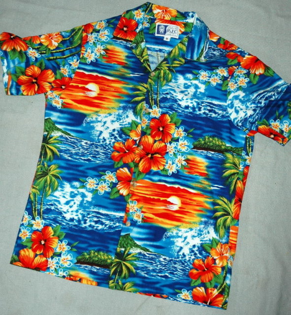 Hawaiian RJC Shirt Sunset, Palms & Hibiscus M
