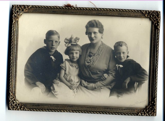 Framed Antique Photo of Mother & Children ( boys in sailor suits and the girl with big bow. )