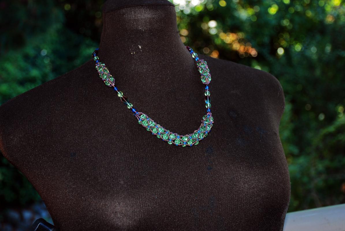 Czech Beaded Necklace, Netted Rope with Green, Purple, Blue Beads and Silver Chain , Hand Crafted One of a Kind Original Designer
