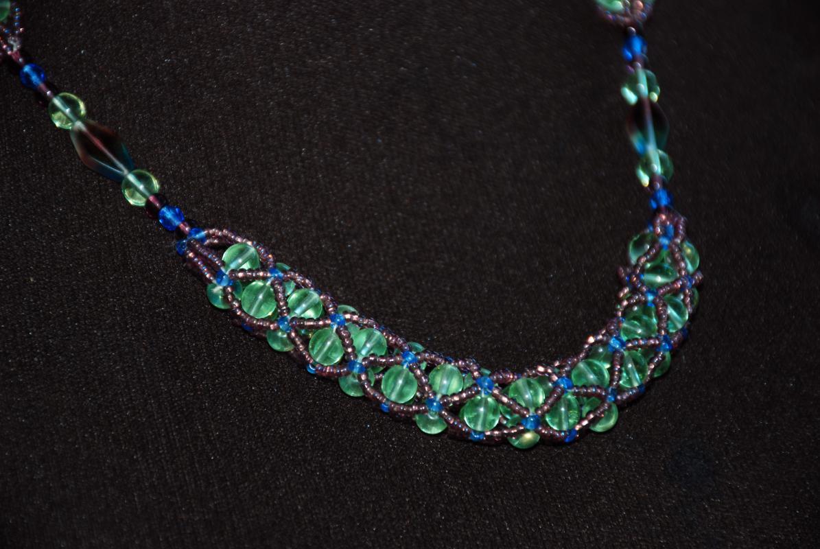 Czech Beaded Necklace, Netted Rope with Green, Purple, Blue Beads and Silver Chain , Hand Crafted One of a Kind Original Designer