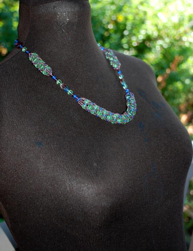 Czech Beaded Necklace, Netted Rope with Green, Purple, Blue Beads and Silver Chain , Hand Crafted One of a Kind Original Designer