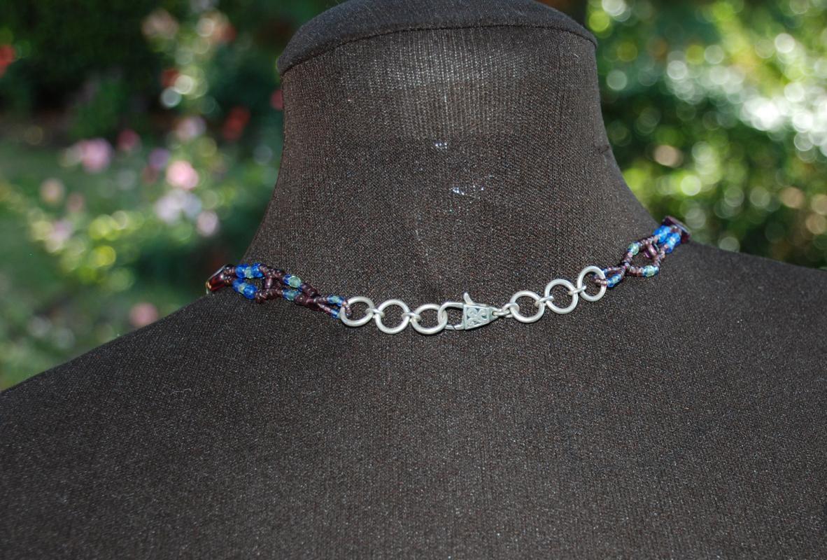 Czech Beaded Necklace, Netted Rope with Green, Purple, Blue Beads and Silver Chain , Hand Crafted One of a Kind Original Designer