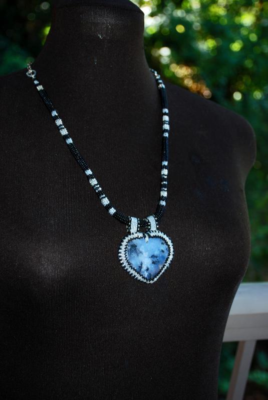 Reversible Dendritic Agate Heart with Beaded Bezel on beaded herringbone rope & Silver chain, Hand Crafted Original One of Kind Design. Statement Necklace