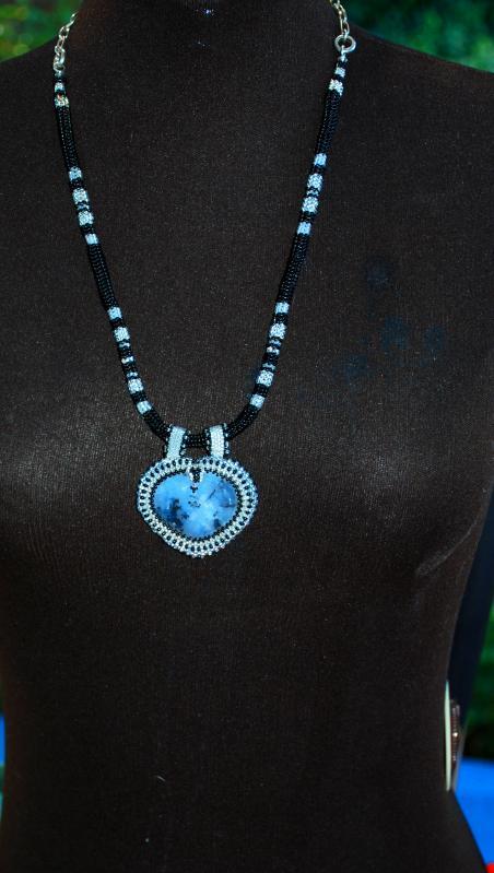 Reversible Dendritic Agate Heart with Beaded Bezel on beaded herringbone rope & Silver chain, Hand Crafted Original One of Kind Design. Statement Necklace