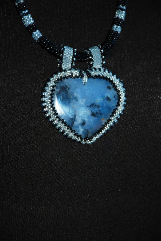 Reversible Dendritic Agate Heart with Beaded Bezel on beaded herringbone rope & Silver chain, Hand Crafted Original One of Kind Design. Statement Necklace