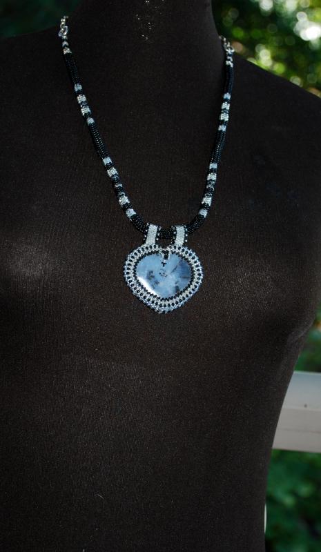 Reversible Dendritic Agate Heart with Beaded Bezel on beaded herringbone rope & Silver chain, Hand Crafted Original One of Kind Design. Statement Necklace