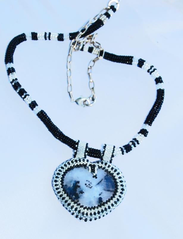 Reversible Dendritic Agate Heart with Beaded Bezel on beaded herringbone rope & Silver chain, Hand Crafted Original One of Kind Design. Statement Necklace