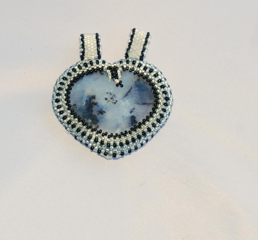 Reversible Dendritic Agate Heart with Beaded Bezel on beaded herringbone rope & Silver chain, Hand Crafted Original One of Kind Design. Statement Necklace