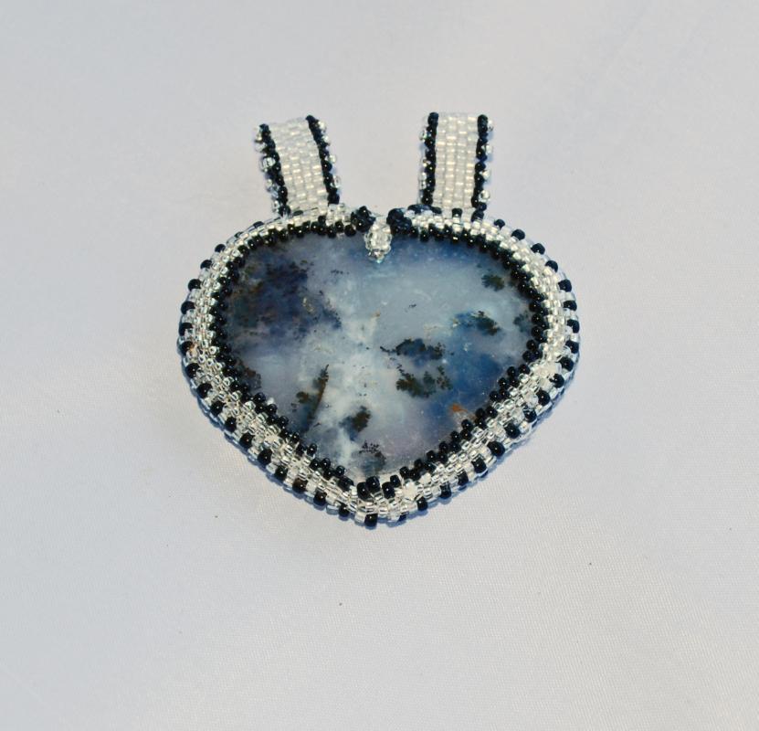 Reversible Dendritic Agate Heart with Beaded Bezel on beaded herringbone rope & Silver chain, Hand Crafted Original One of Kind Design. Statement Necklace