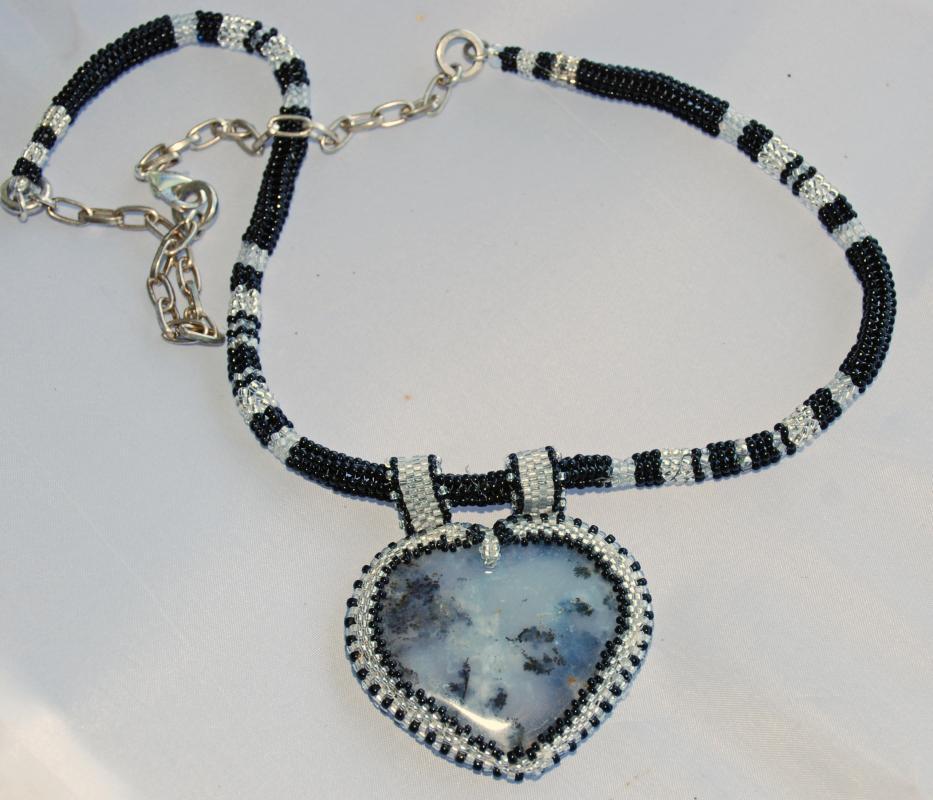 Reversible Dendritic Agate Heart with Beaded Bezel on beaded herringbone rope & Silver chain, Hand Crafted Original One of Kind Design. Statement Necklace