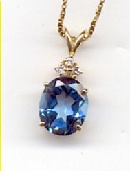 14K Gold Blue Topaz & 3 diamond Pendant &Chain