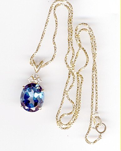 14K Gold Blue Topaz & 3 diamond Pendant &Chain