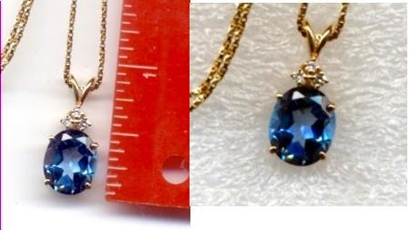 14K Gold Blue Topaz & 3 diamond Pendant &Chain