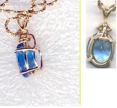 14K Gold Blue Topaz & 3 diamond Pendant &Chain