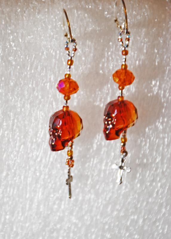 Sterling Silver Skull & Gothic Cross earrings “Red Magma” Swarovski Crystal Dangles, One of a Kind, Hand Crafted