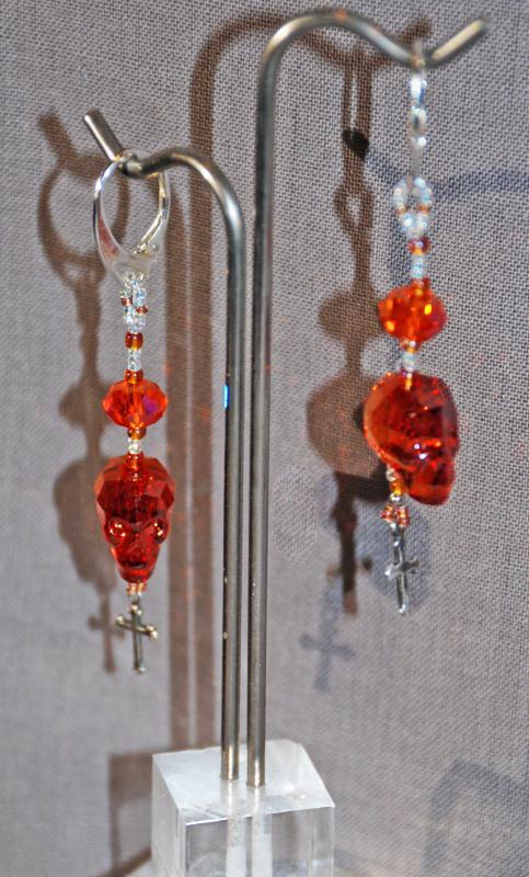 Sterling Silver Skull & Gothic Cross earrings “Red Magma” Swarovski Crystal Dangles, One of a Kind, Hand Crafted