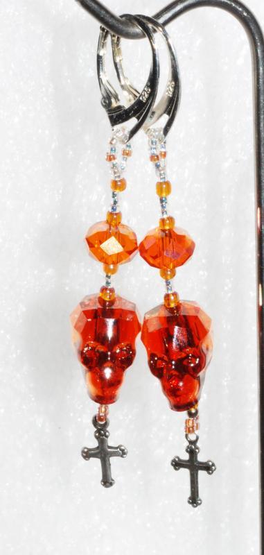 Sterling Silver Skull & Gothic Cross earrings “Red Magma” Swarovski Crystal Dangles, One of a Kind, Hand Crafted