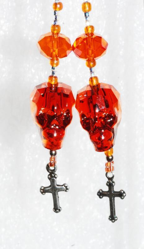Sterling Silver Skull & Gothic Cross earrings “Red Magma” Swarovski Crystal Dangles, One of a Kind, Hand Crafted