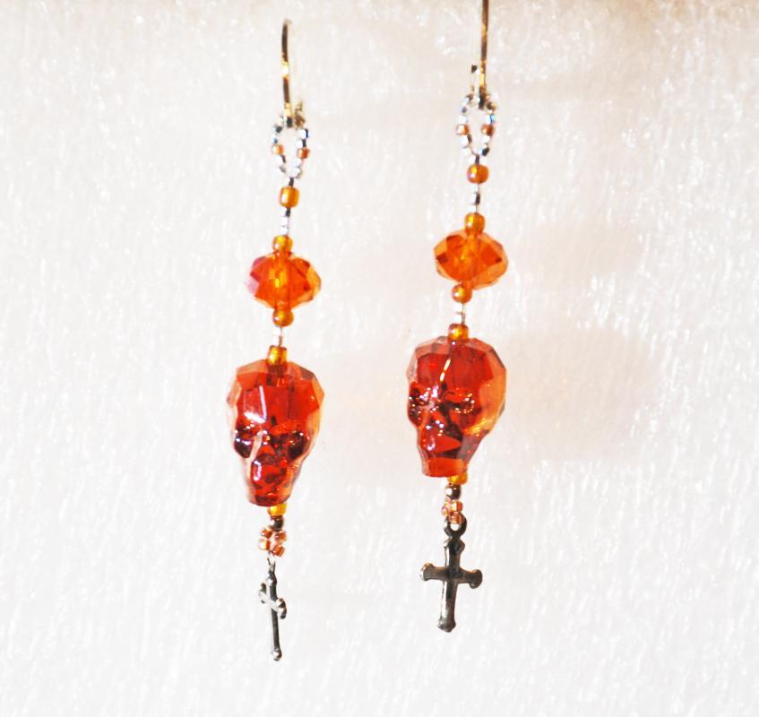 Sterling Silver Skull & Gothic Cross earrings “Red Magma” Swarovski Crystal Dangles, One of a Kind, Hand Crafted