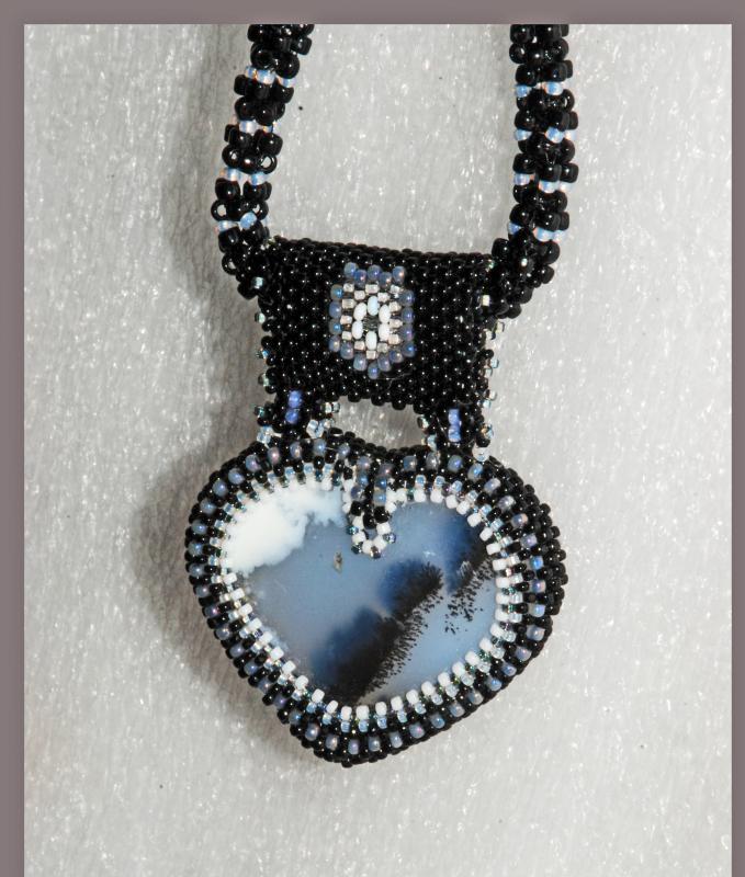 Reversible Dendritic Agate Heart with Beaded Bezel Raw Rope & Silver chain . Statement Necklace