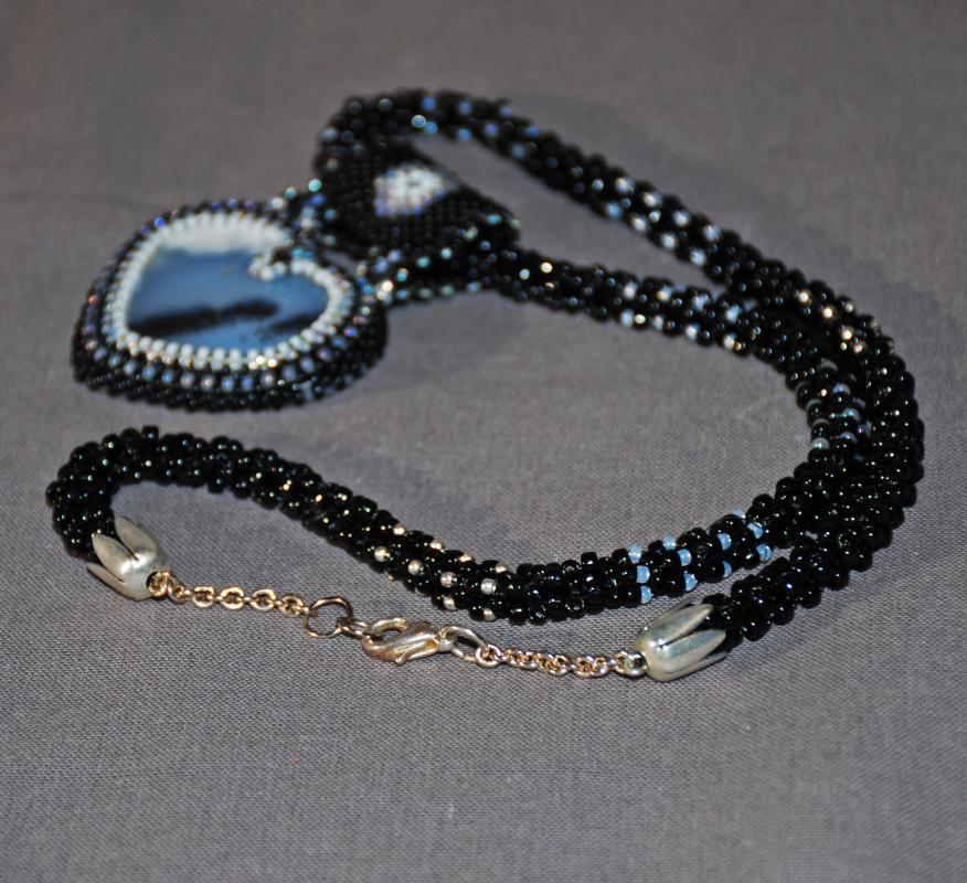 Reversible Dendritic Agate Heart with Beaded Bezel Raw Rope & Silver chain . Statement Necklace