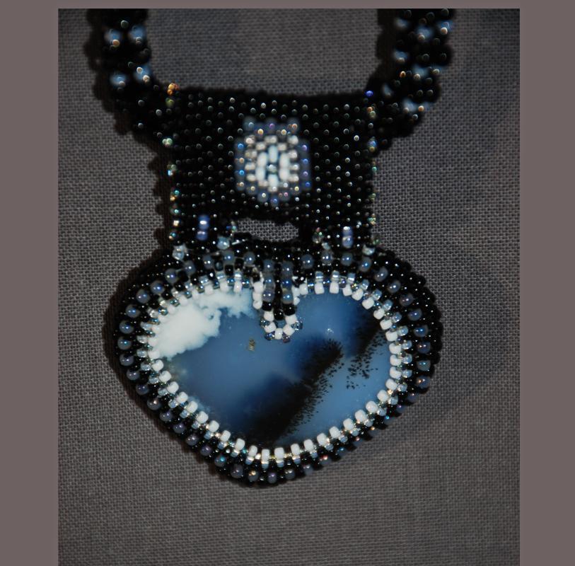 Reversible Dendritic Agate Heart with Beaded Bezel Raw Rope & Silver chain . Statement Necklace