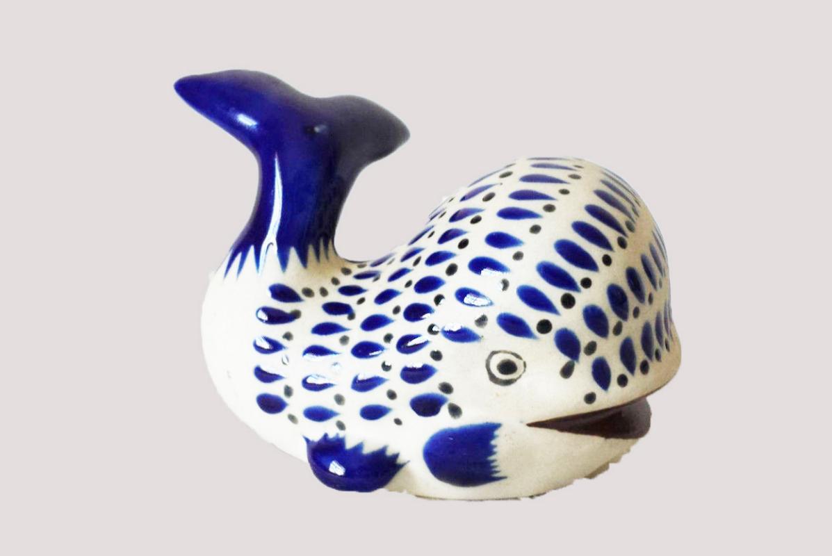 Vintage Mexican Pottery Folk Art Hand Painted Blue Whale