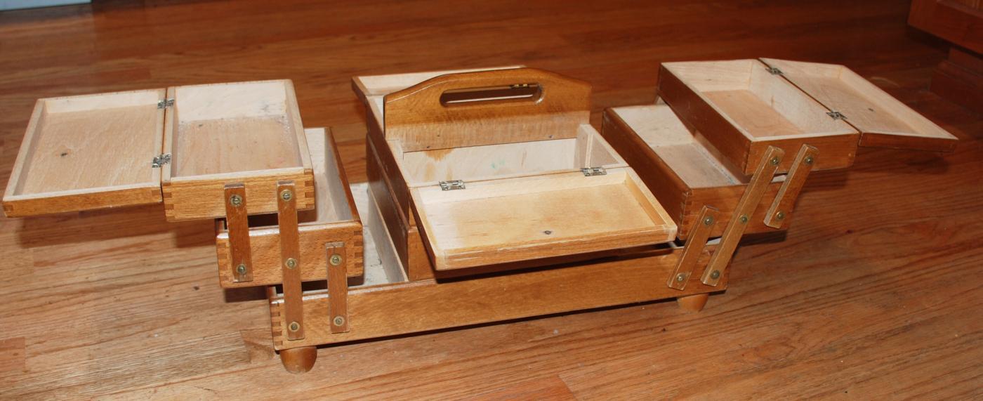 Large VINTAGE FOLD OUT ACCORDION WOOD SEWING BOX