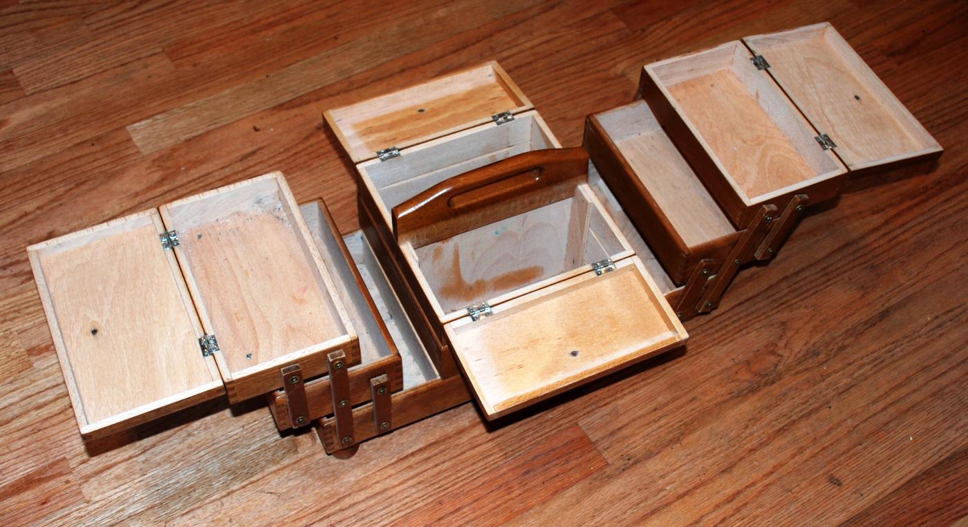 Large VINTAGE FOLD OUT ACCORDION WOOD SEWING BOX
