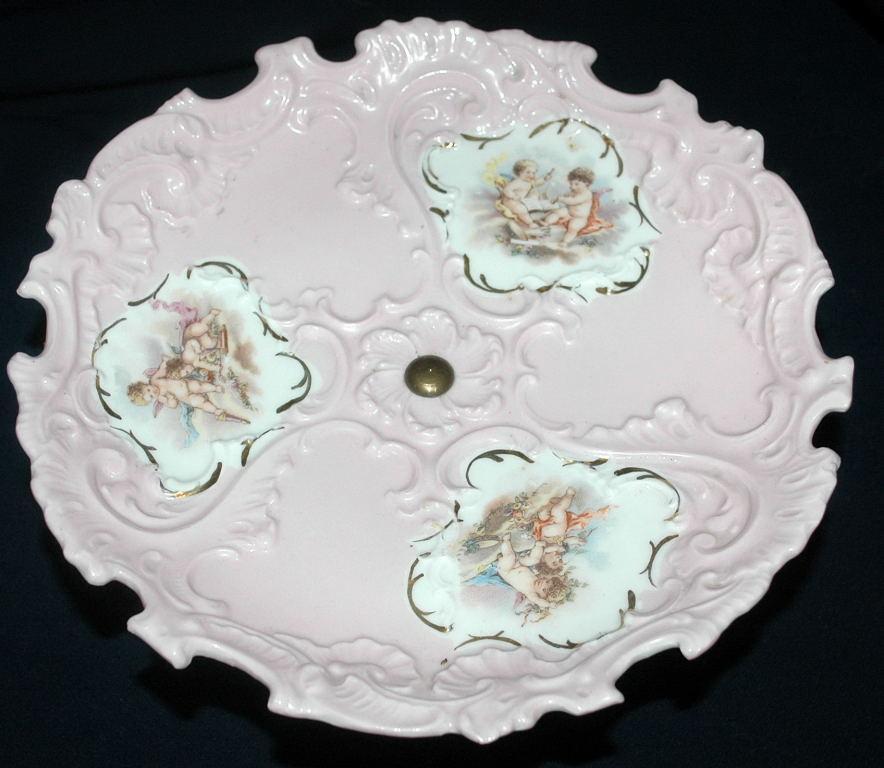 Porcelain Cherub Moriage Pink Gilt Footed Tidbit Bonbon Dessert Plate European