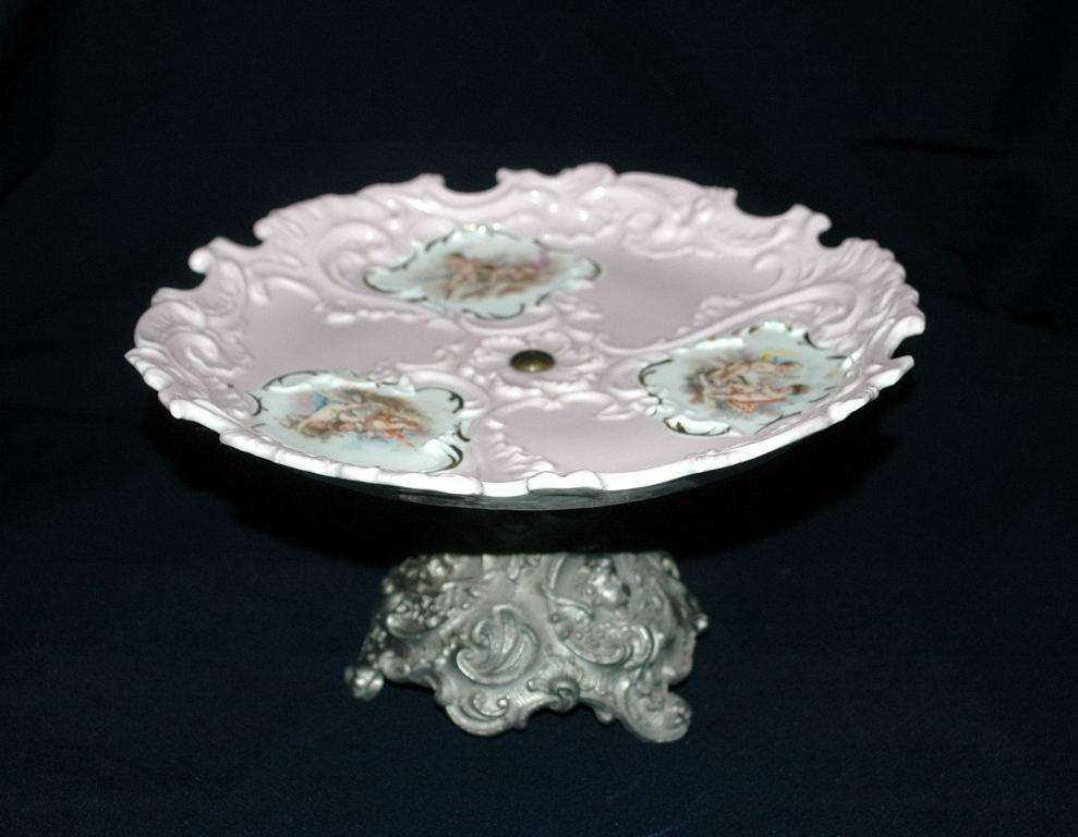 Porcelain Cherub Moriage Pink Gilt Footed Tidbit Bonbon Dessert Plate European